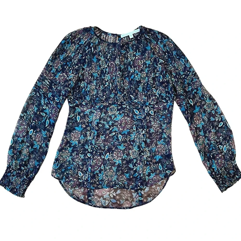 Veronica Beard Silk Floral Blouse Sz 2 Sheer Smocked Long Sleeve Boho Romantic